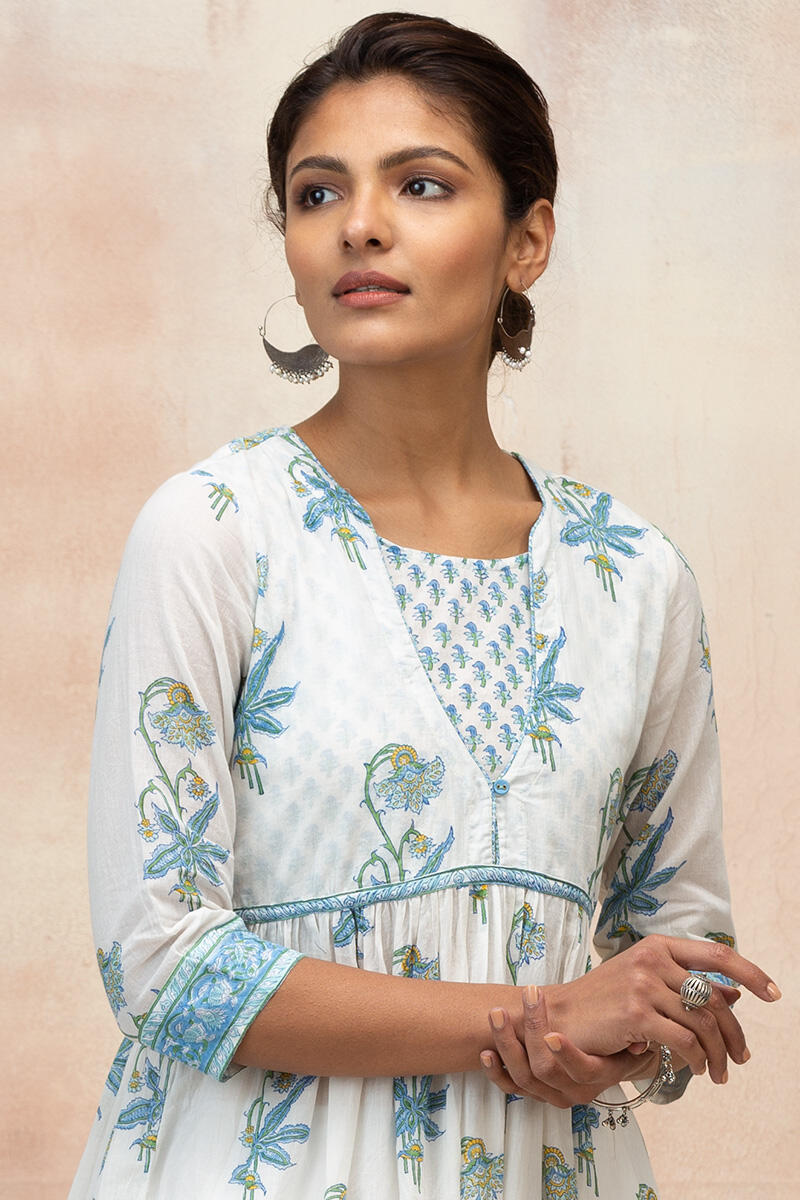 White Block Printed A-Line Cotton Kurta