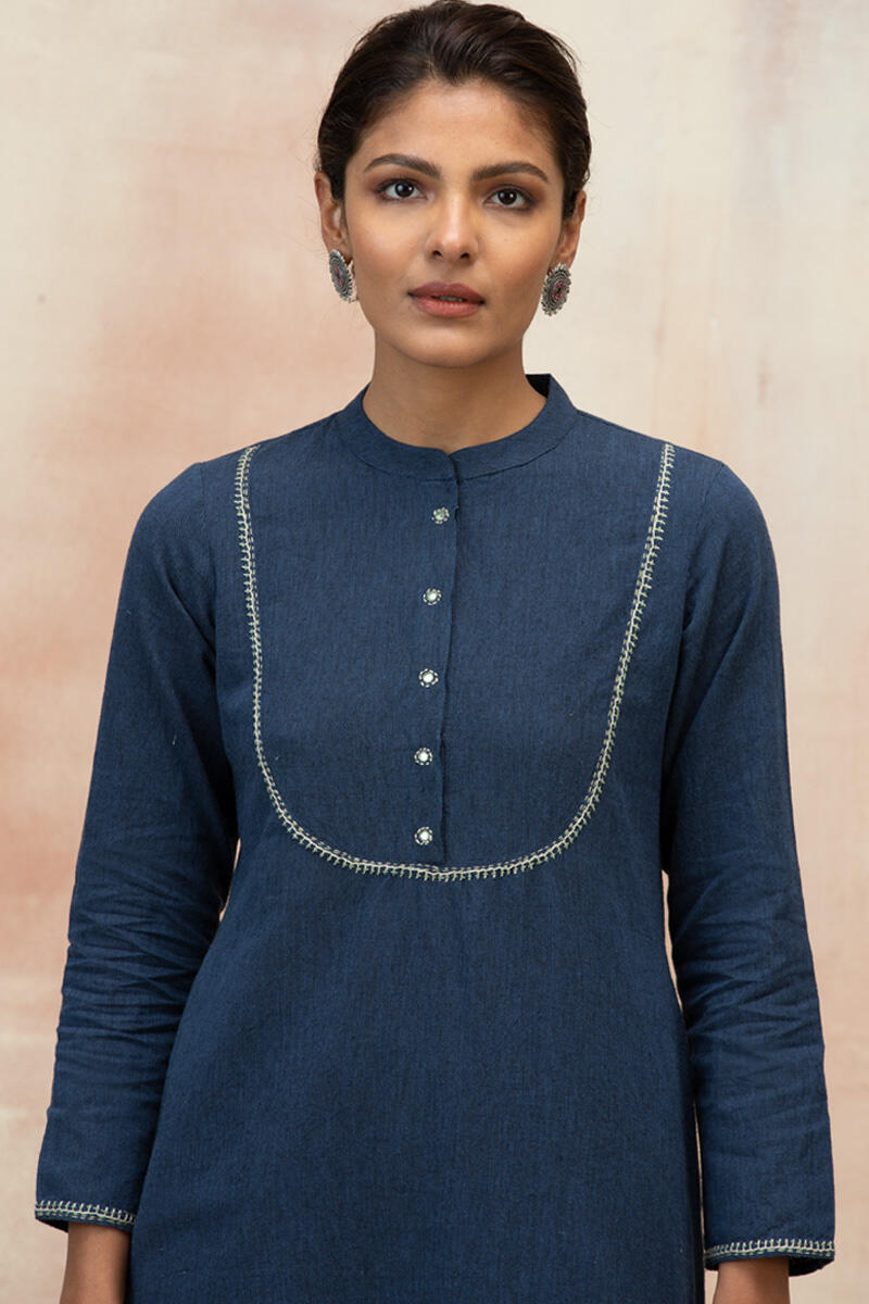 Blue Handcrafted Straight Cotton Kurta