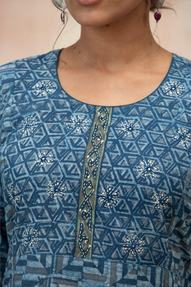 Indigo Block Printed Straight Cotton Kurta