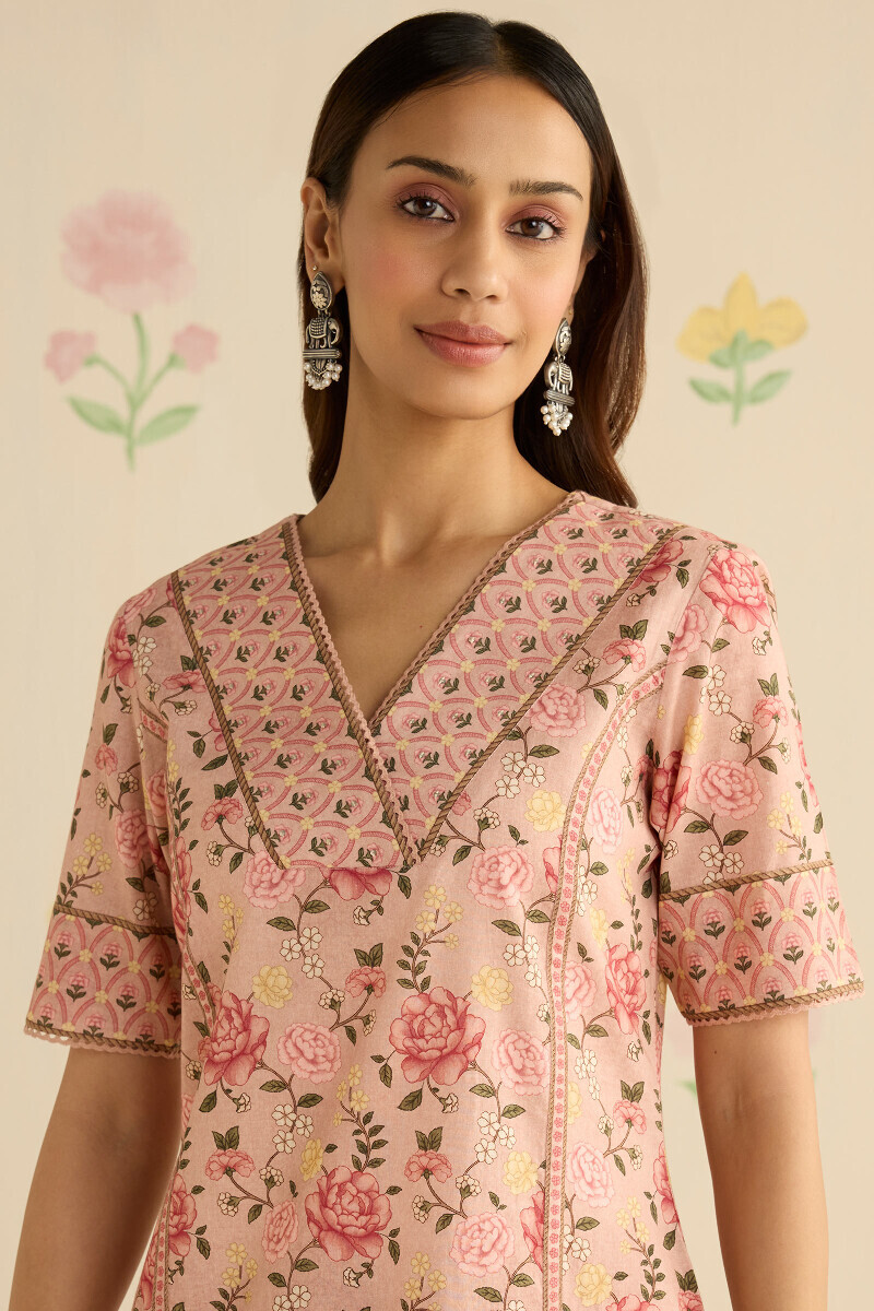 Peach Printed Straight Cotton Kurta