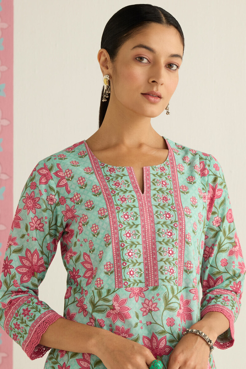 Blue Printed Straight Cotton Kurta