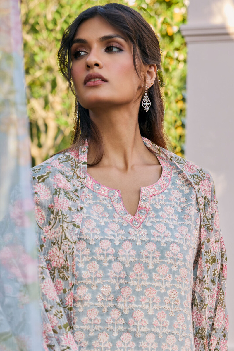 Grey Hand Block Printed Straight Cotton Kurta