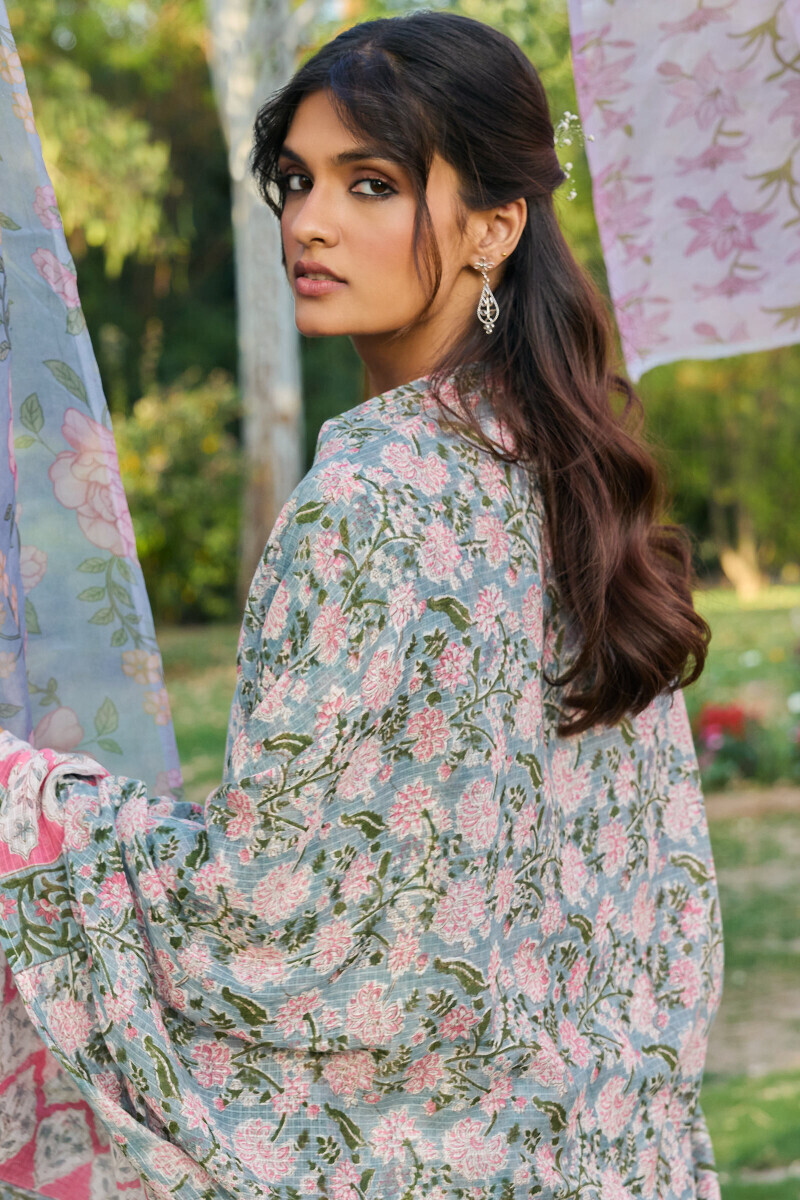 Grey Hand Block Printed Kota Dupatta
