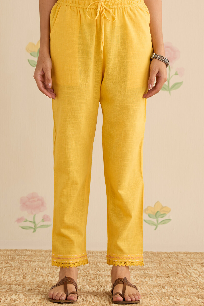 Yellow Handcrafted Gauze Slub Narrow Pants