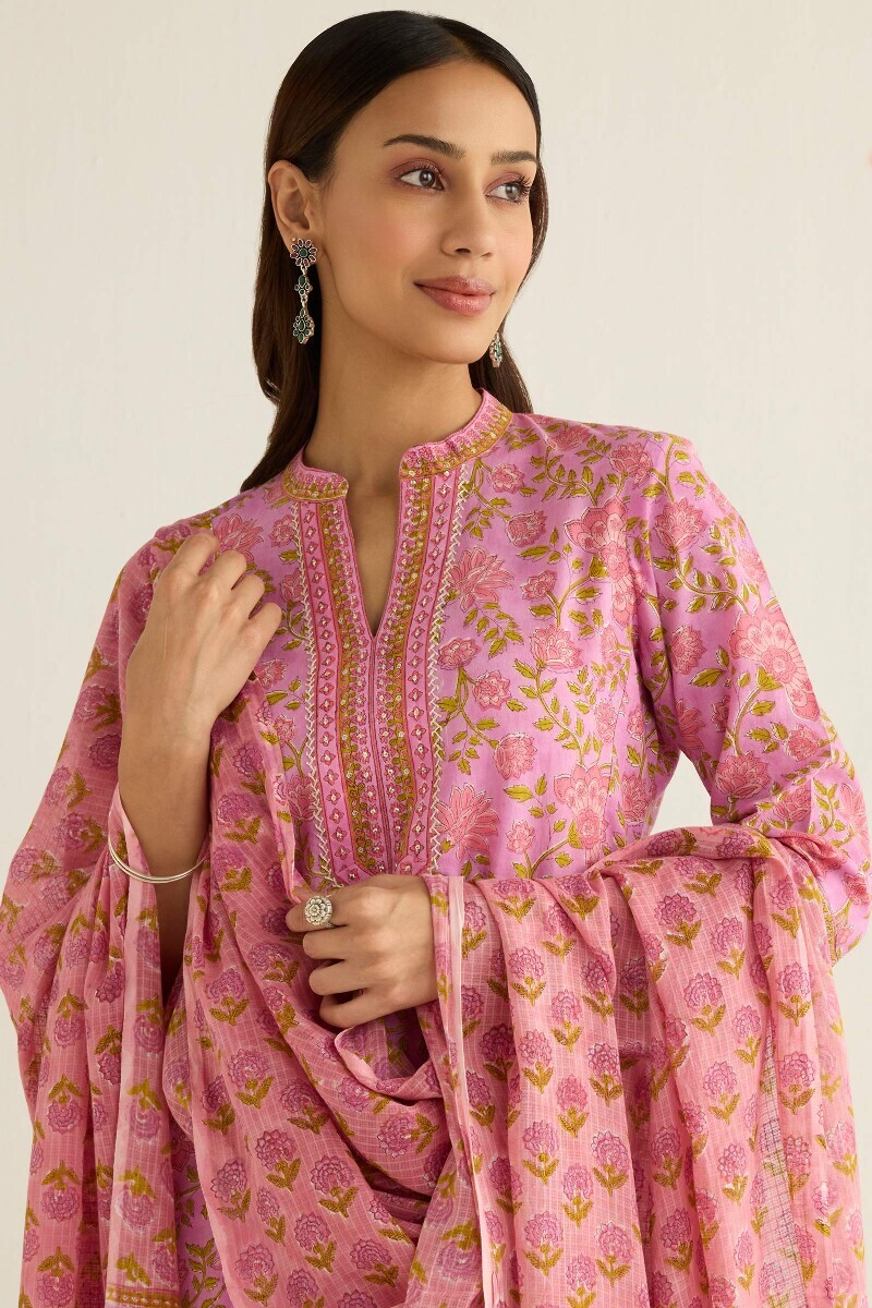 Pink Hand Block Printed Kota Dupatta