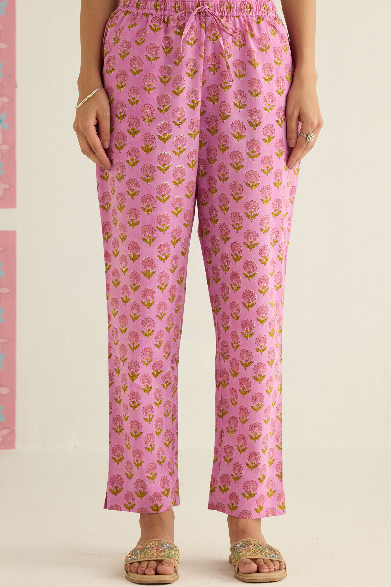 Purple Hand Block Printed Cotton Narrow Pants