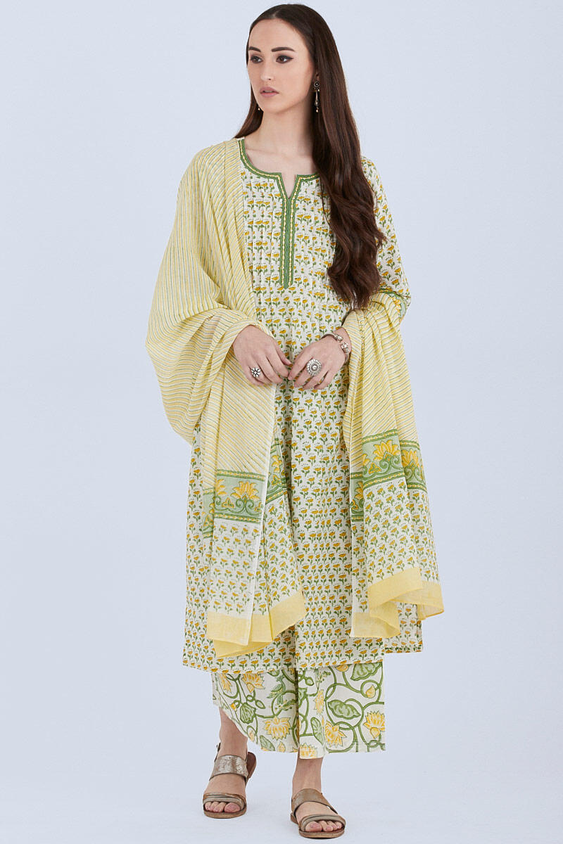Yellow Block Printed Cotton Dupatta