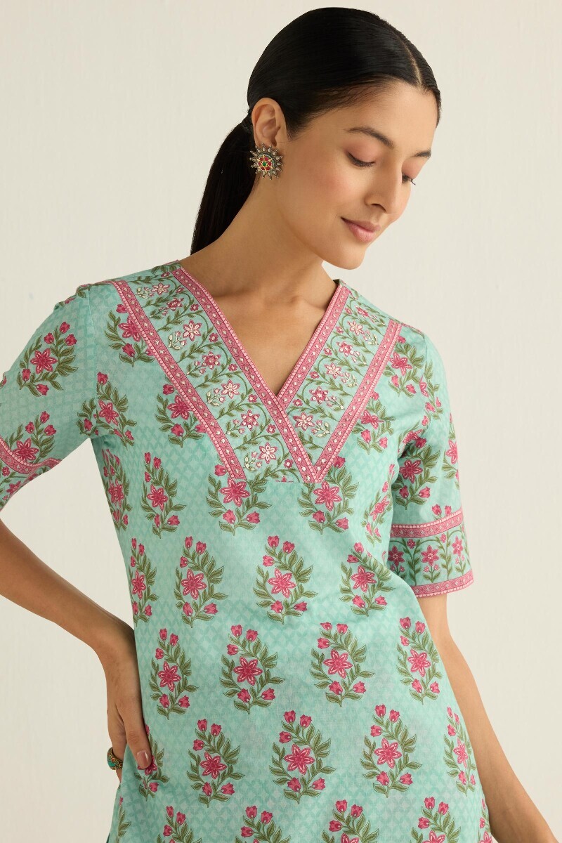 Blue Printed Straight Cotton Kurta