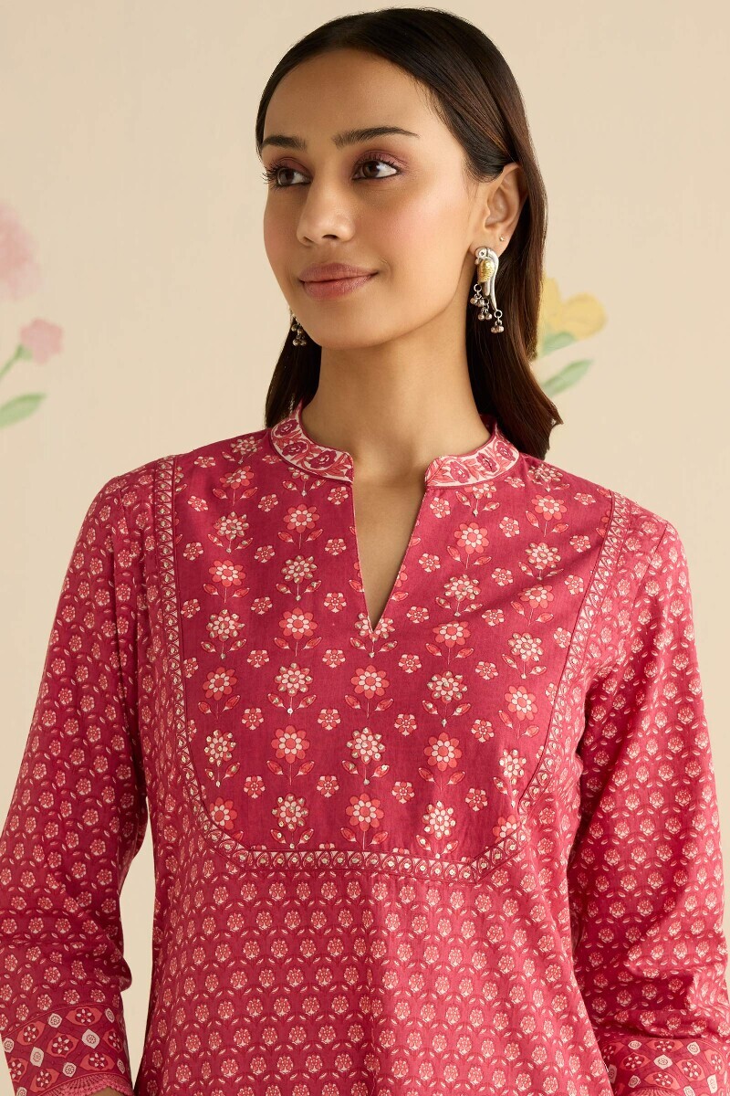 Pink Hand Printed Straight Cotton Kurta