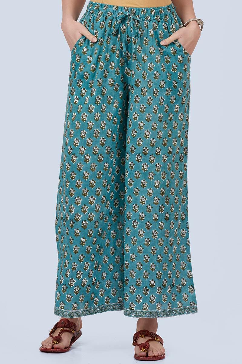 Green Block Printed Cotton Palazzo
