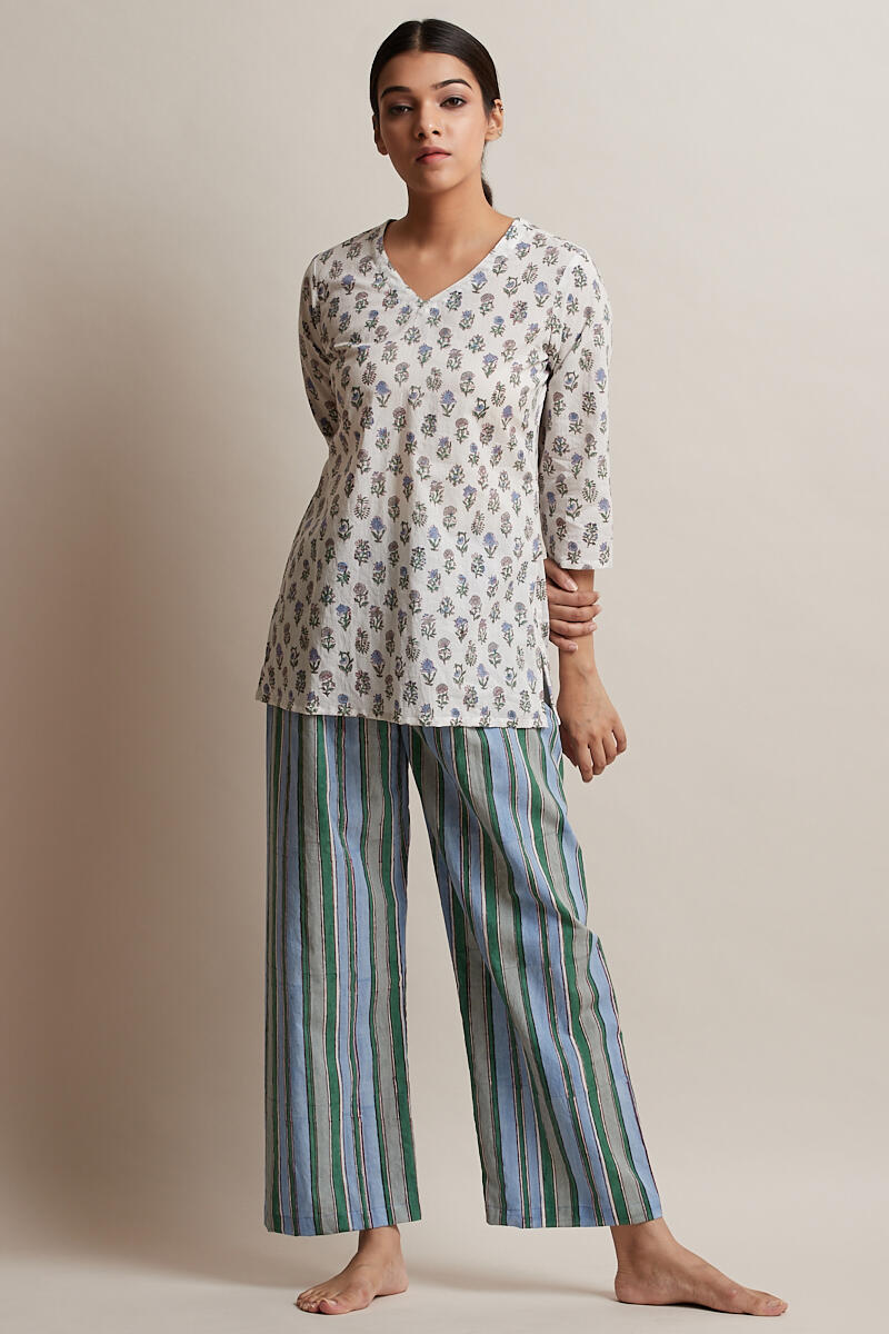 White Block Printed Cotton Nightsuit