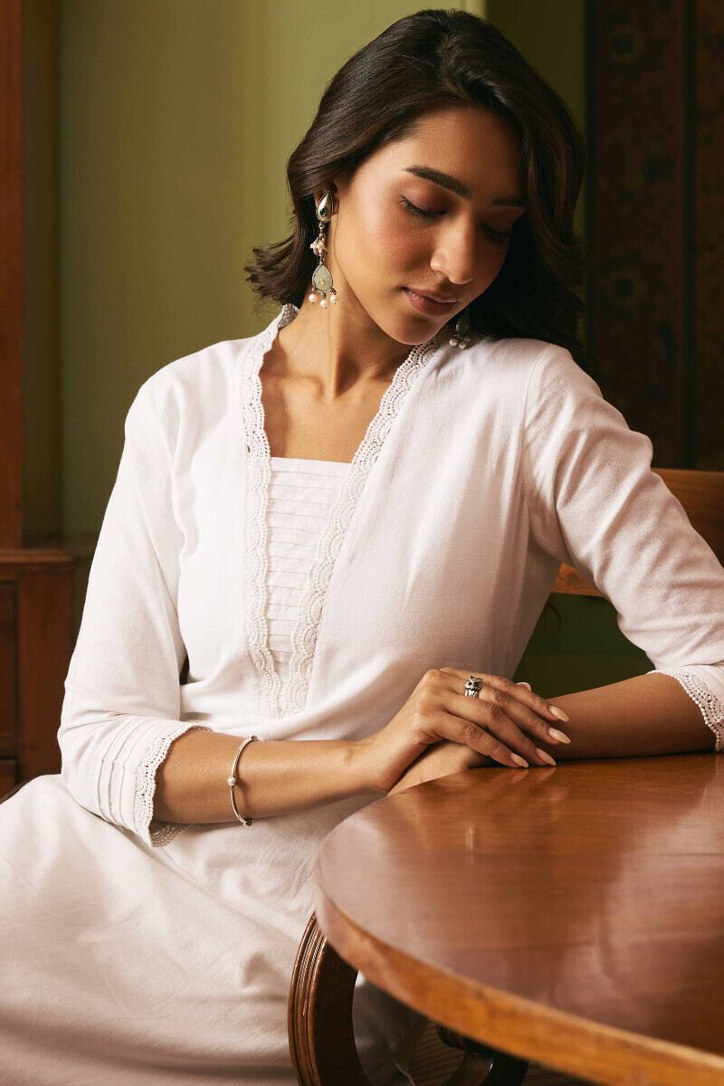 White Handcrafted Straight Cotton Flax Kurta