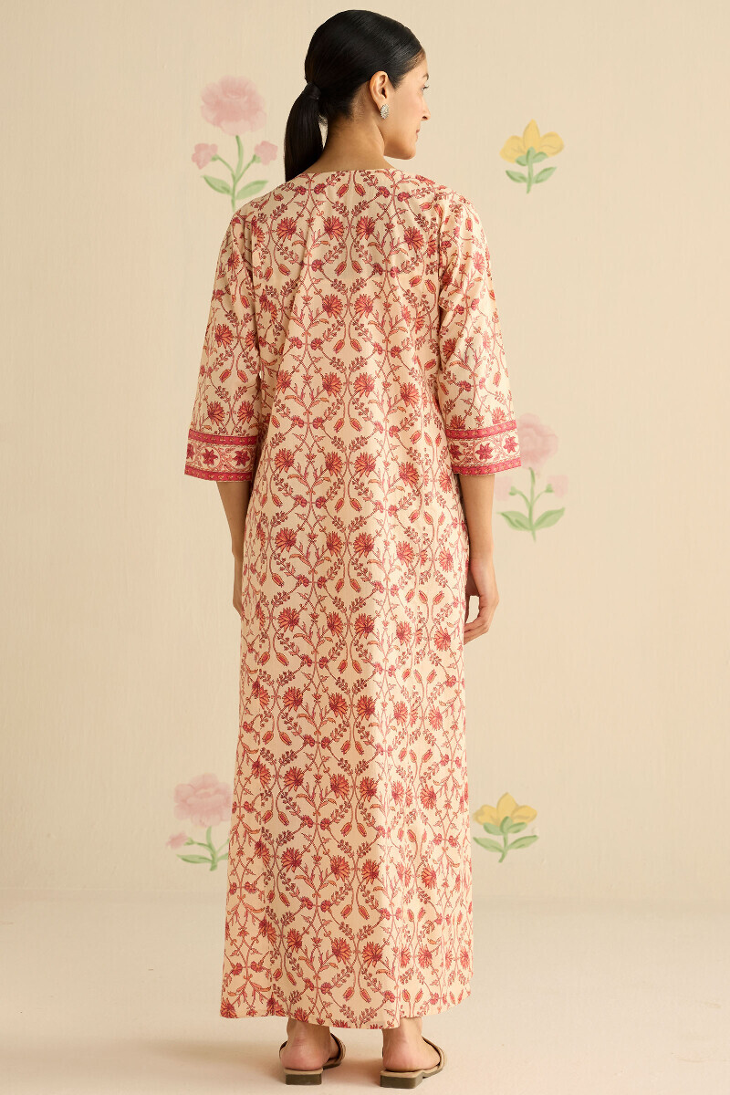 Cream Hand Printed Cotton Kaftan