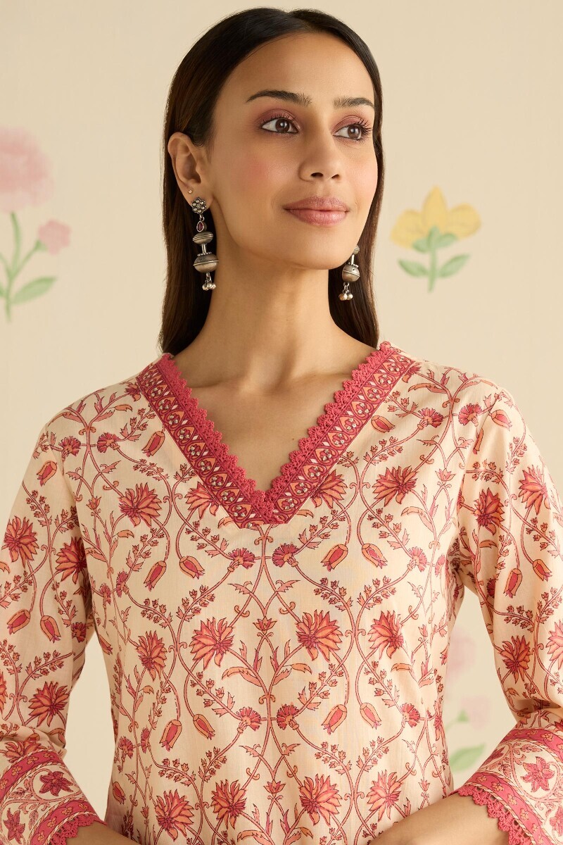 Cream Hand Printed Straight Cotton Kurta