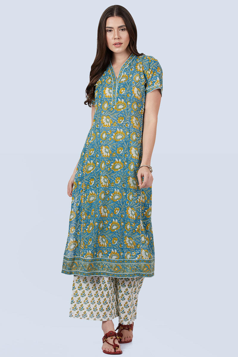 Blue Block Printed Straight Cotton Kurta