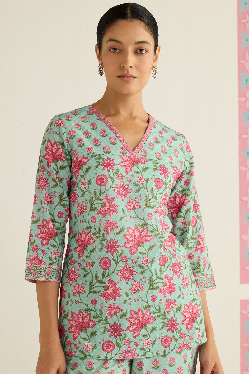 Blue Printed Cotton Loungewear Set