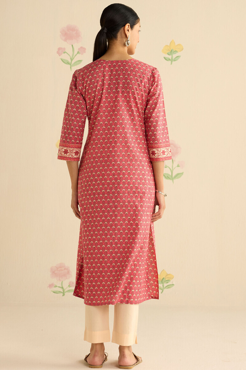 Pink Hand Printed Straight Cotton Kurta