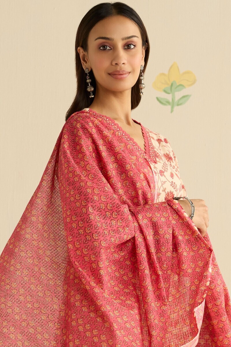 Pink Hand Printed Kota Dupatta