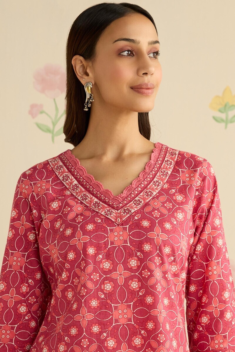 Pink Hand Printed Straight Cotton Kurta