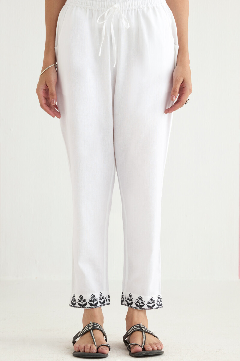 White Handcrafted Cotton Flax Narrow Pants