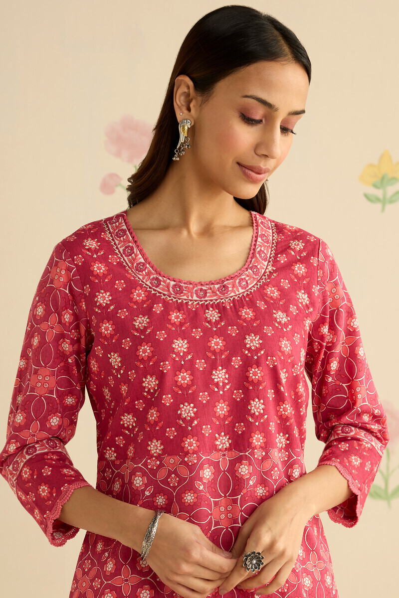Pink Hand Printed Straight Cotton Kurta