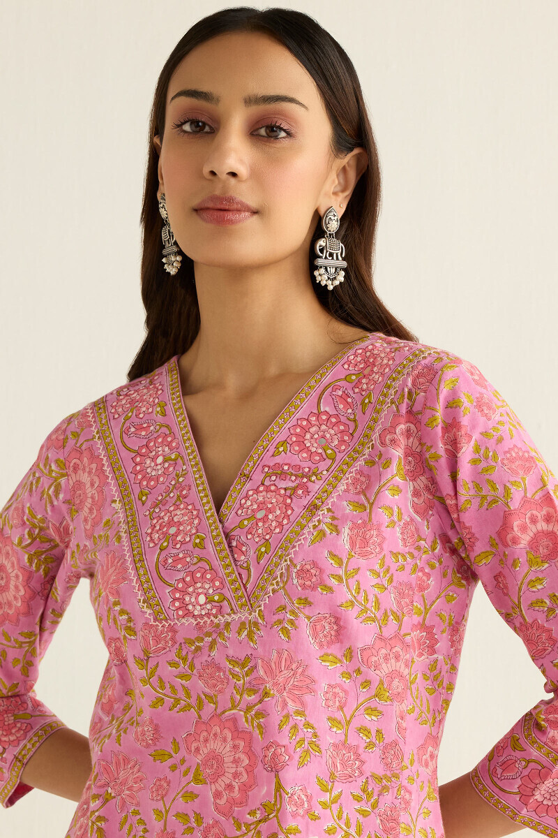 Purple Hand Block Printed Straight Cotton Kurta