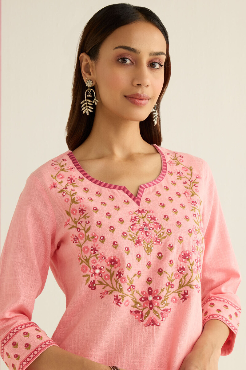 Pink Handcrafted Straight Gauze Slub Kurta
