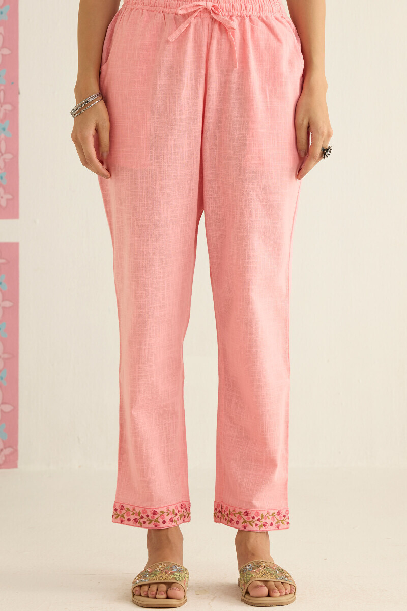Pink Handcrafted Gauze Slub Narrow Pants