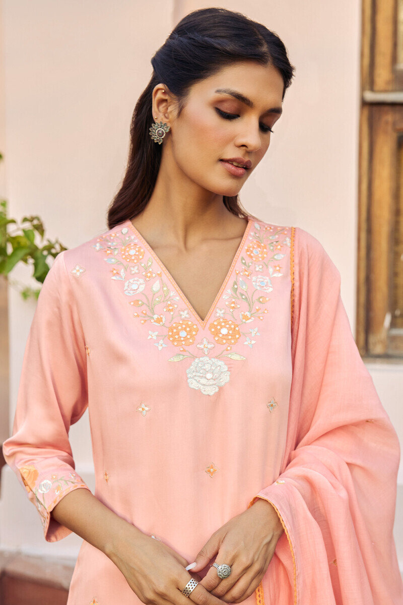 Pink Handcrafted Straight Modal Satin Kurta