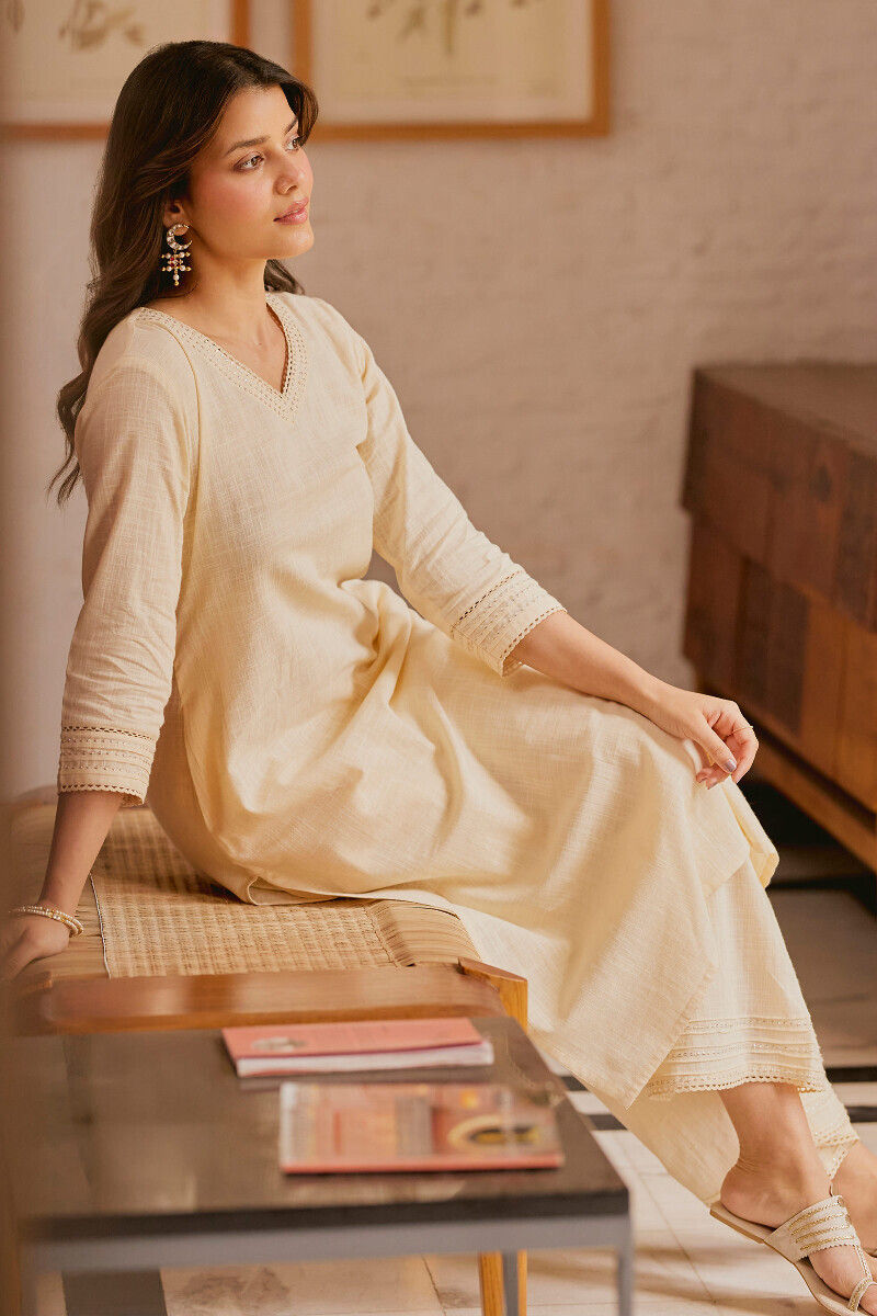 Cream Handcrafted Straight Gauze Slub Kurta