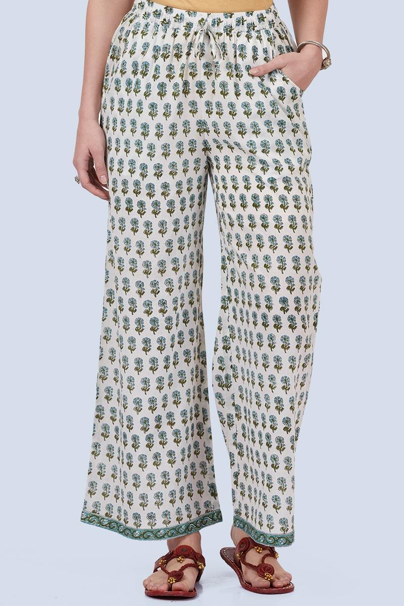 White Block Printed Cotton Farsi Pants