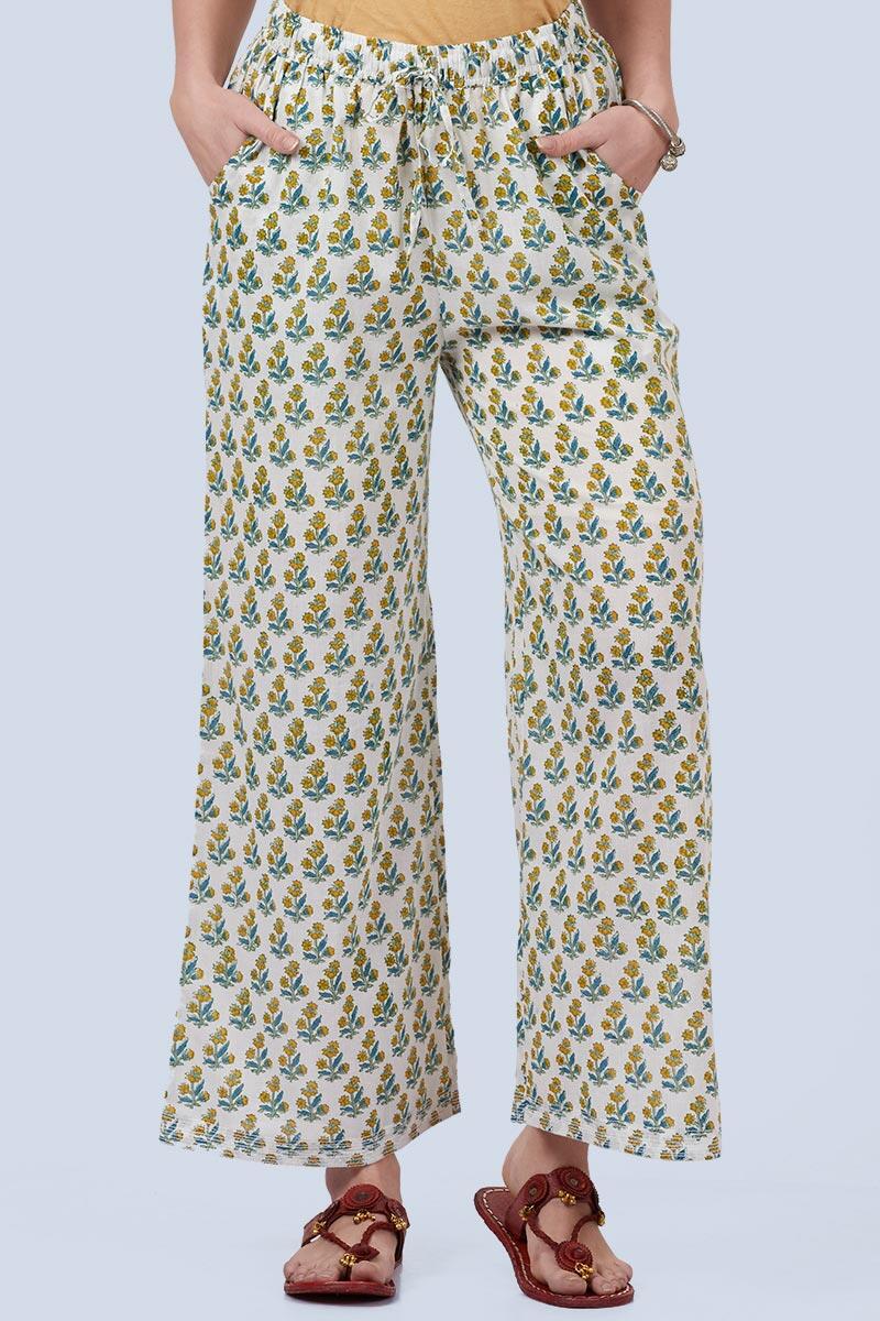 Blue Block Printed Cotton Farsi Pants