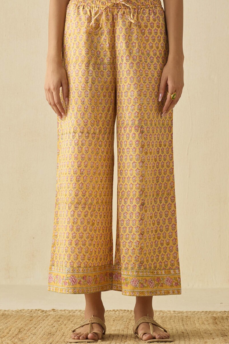 Yellow Hand Block Printed Cotton Slub Farsi