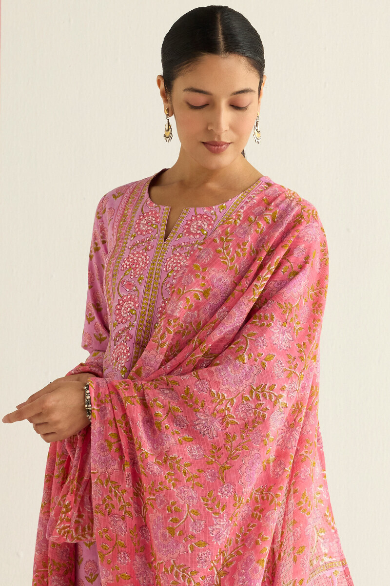 Pink Hand Block Printed Kota Dupatta
