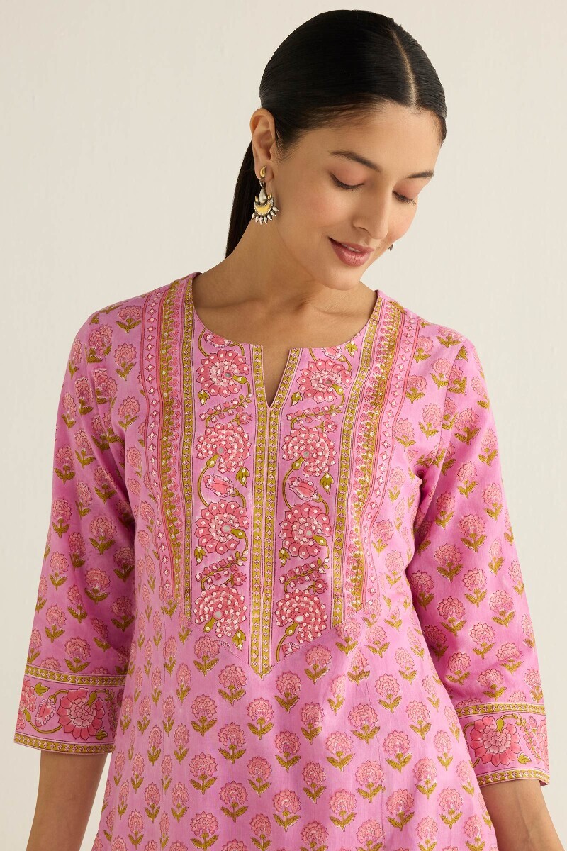 Purple Hand Block Printed Straight Cotton Kurta