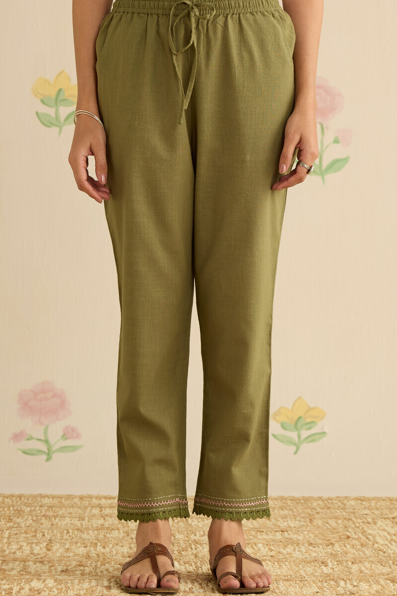 Green Handcrafted Gauze Slub Narrow Pants