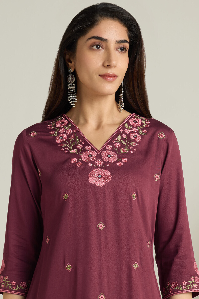 Purple Handcrafted Straight Modal Satin Kurta