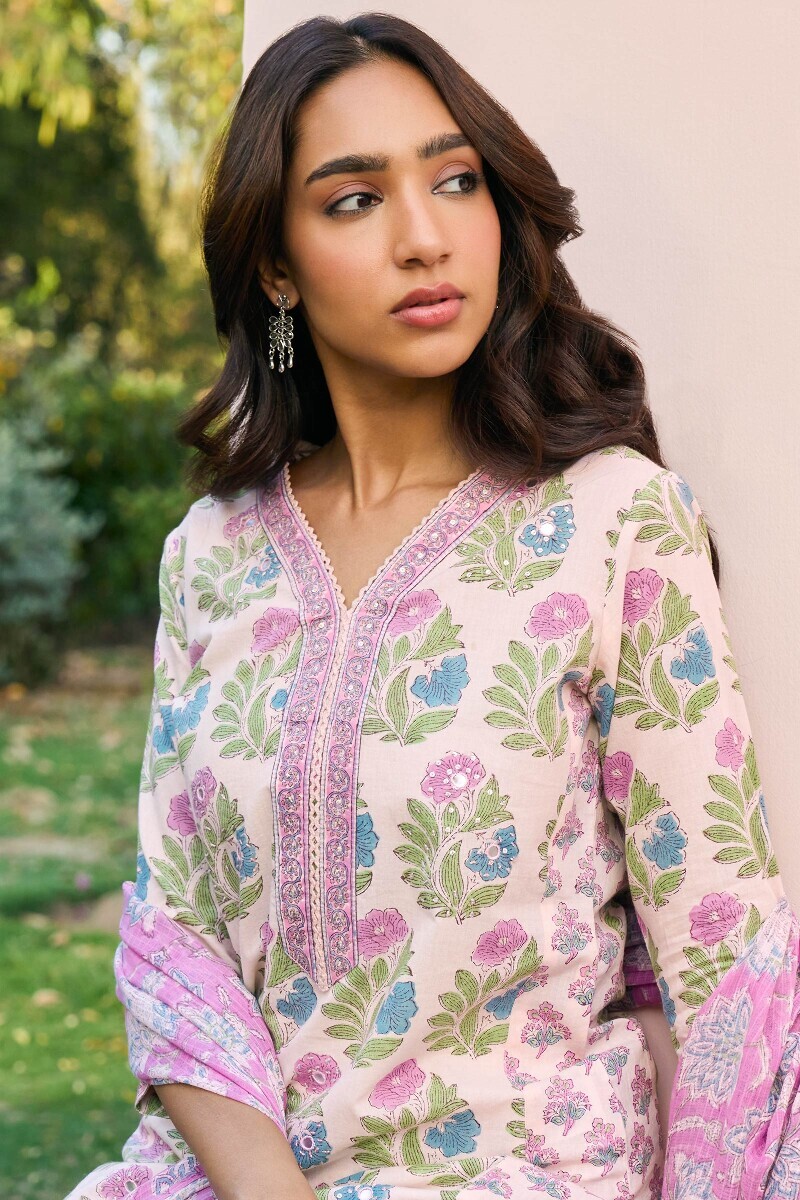 Off-White Hand Block Printed Straight Cotton Kurta