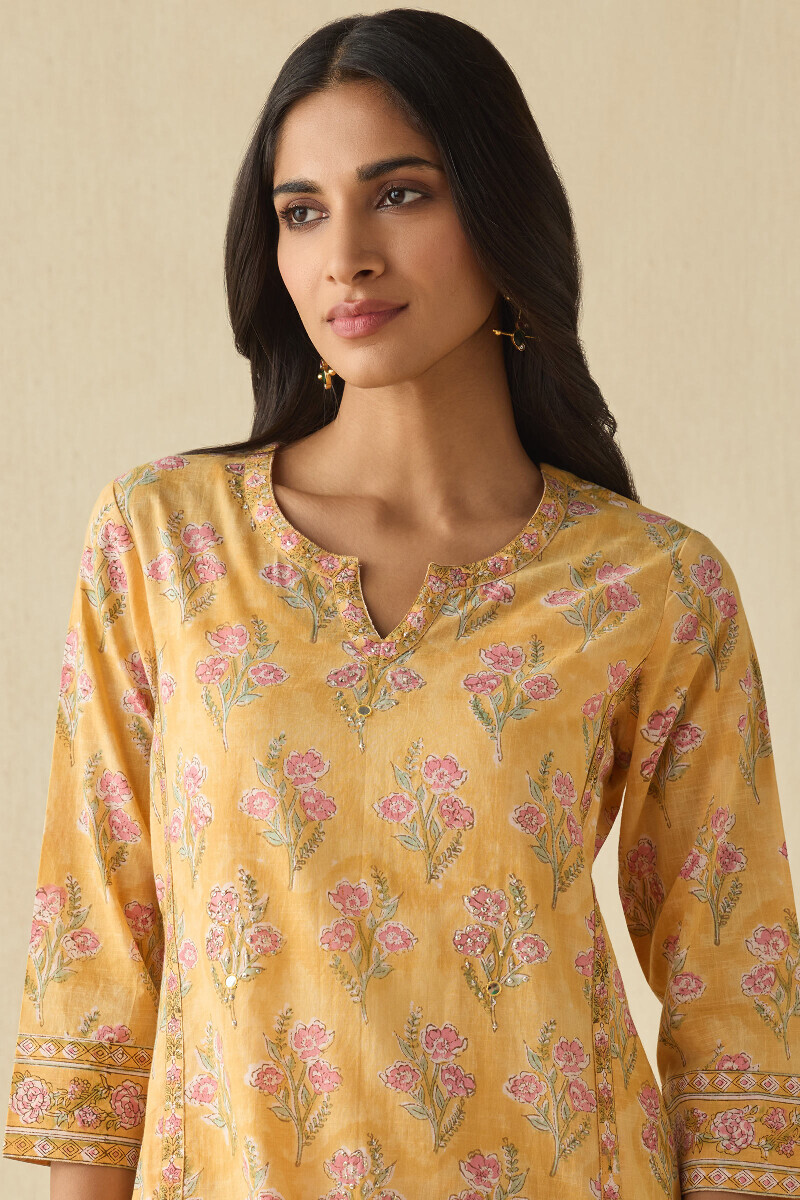 Yellow Hand Block Printed Straight Cotton Slub Kurta