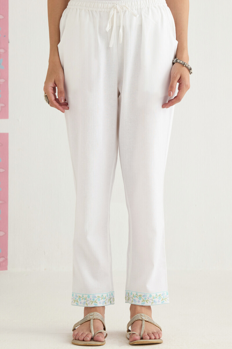 White Handcrafted Cotton Flax Narrow Pants