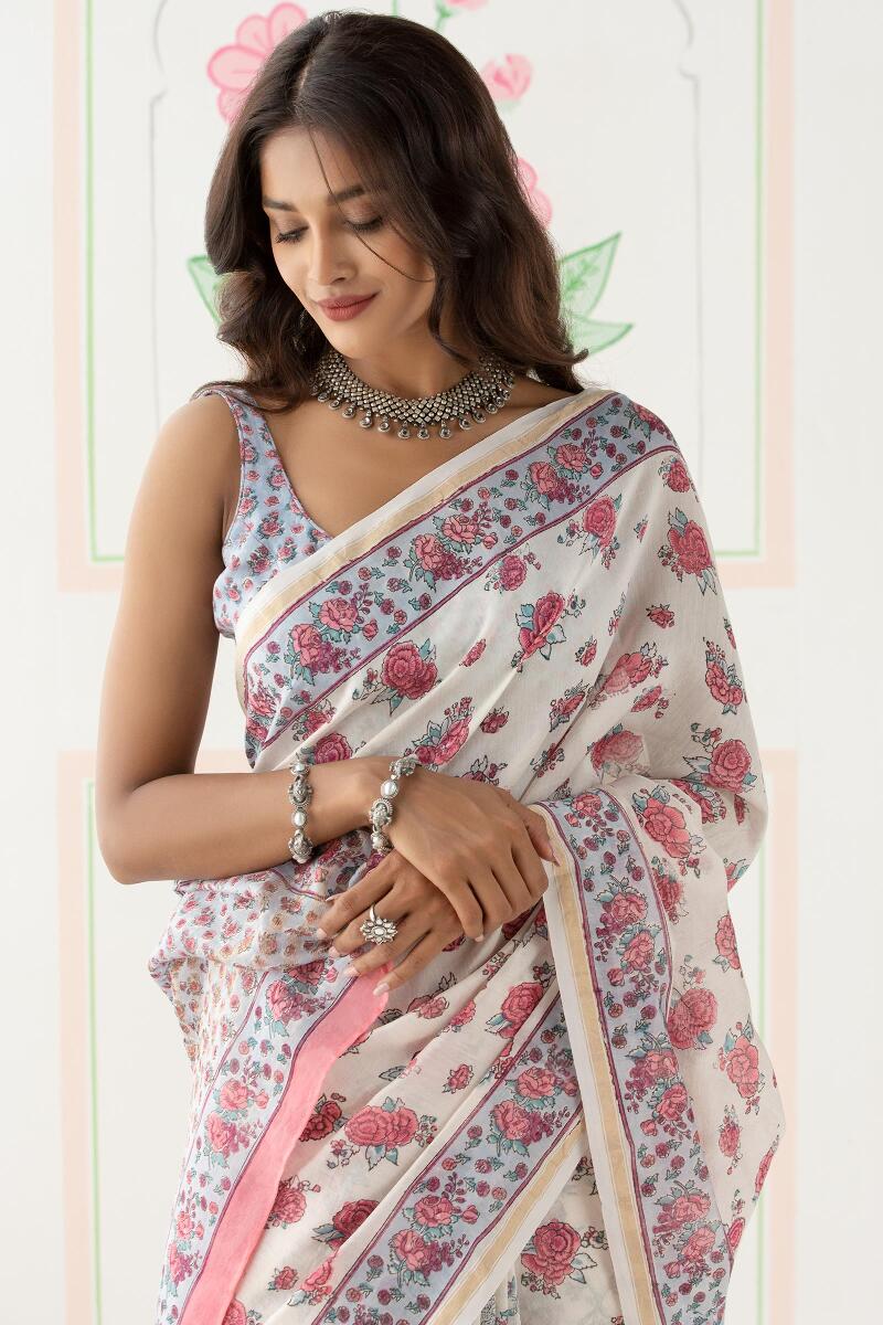 White Block Printed Chanderi Saree