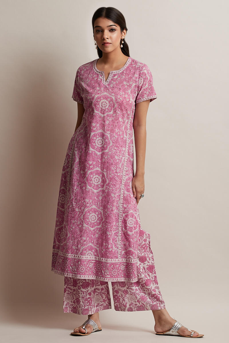 Pink Block Printed Straight Cotton Kurta