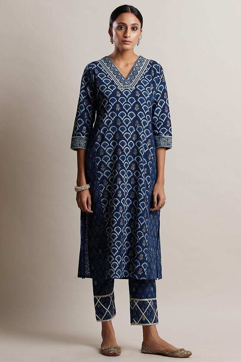 Indigo Block Printed Straight Cotton Kurta