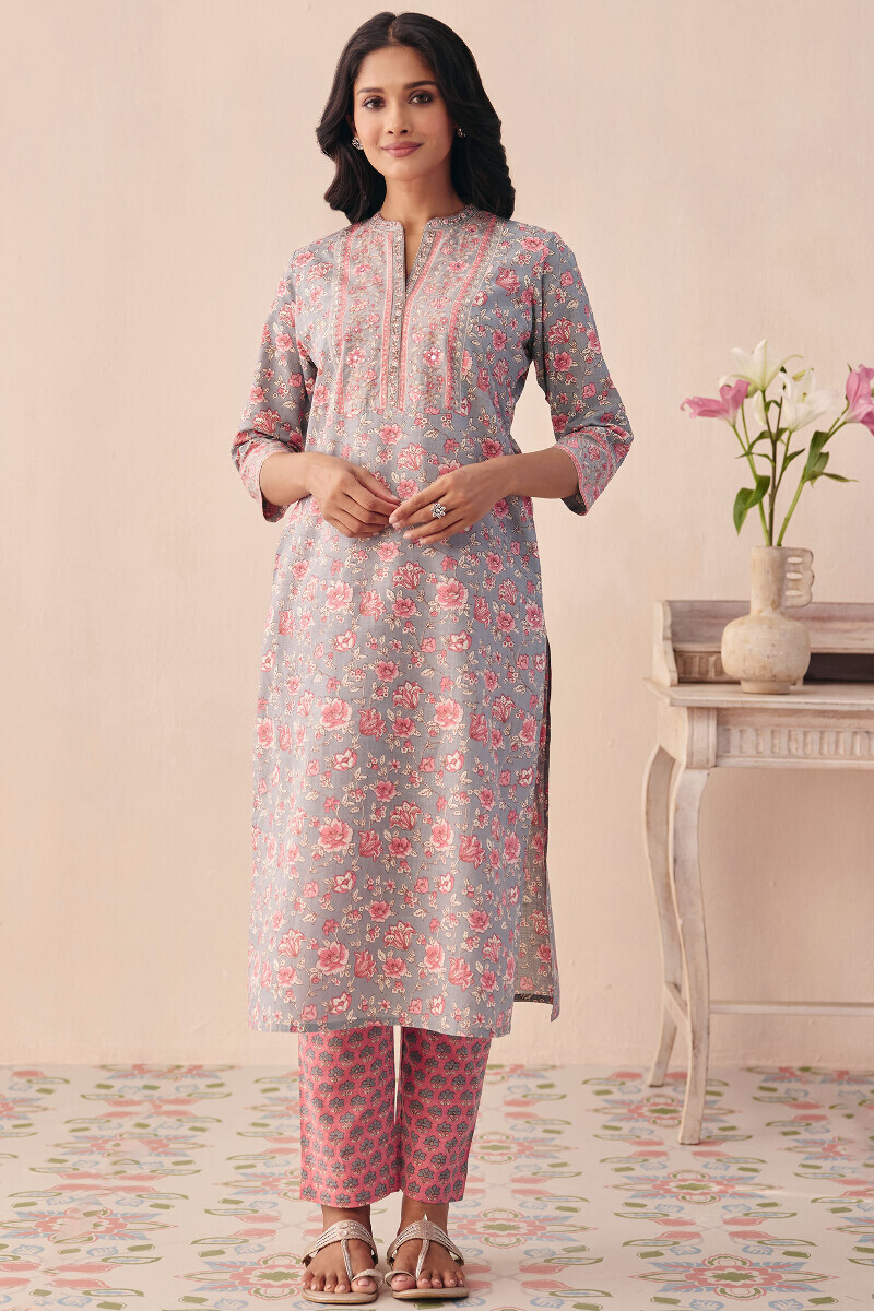 Grey Hand Printed Straight Cotton Slub Kurta
