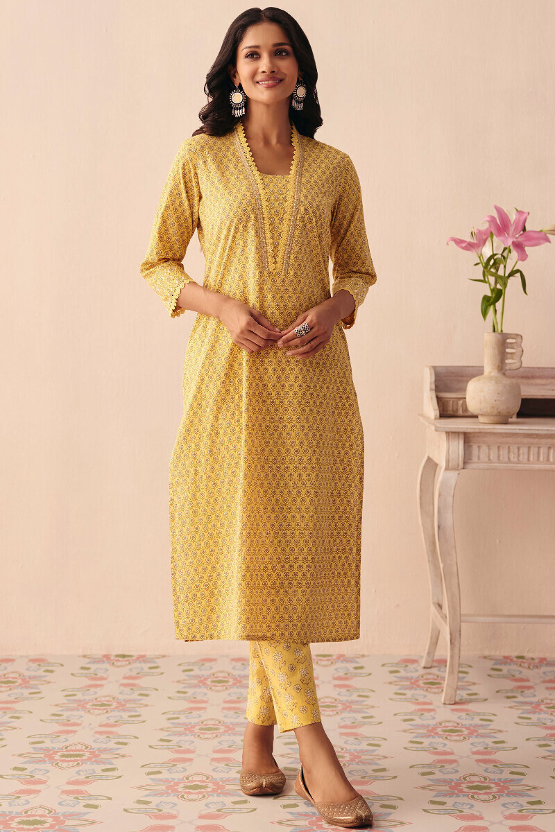 Yellow Hand Printed Straight Cotton Kurta