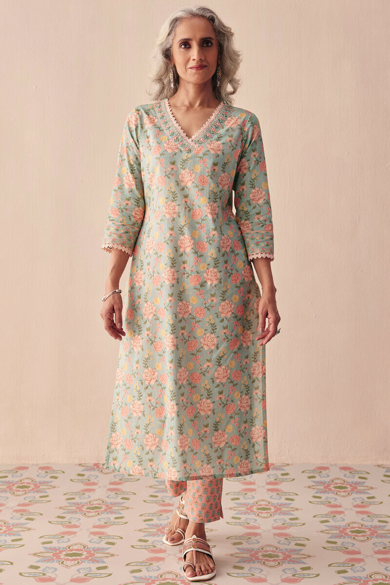Blue Printed Straight Cotton Kurta