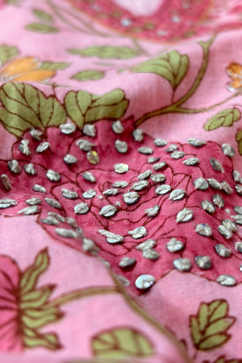 Pink Hand Printed Angrakha Cotton Kurta