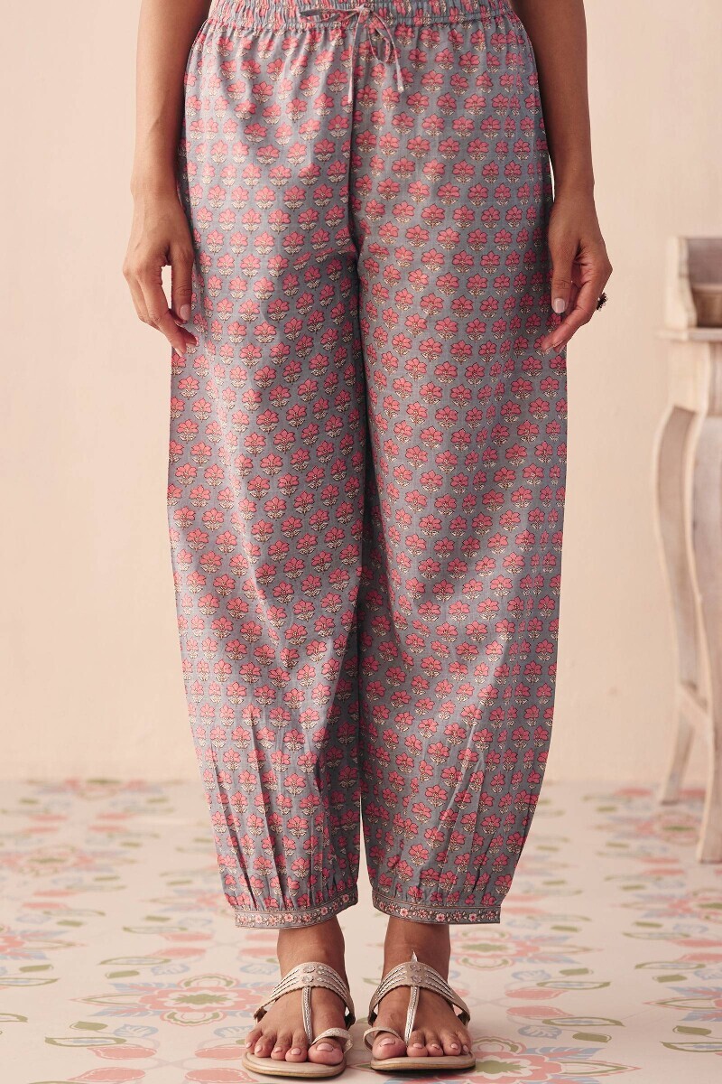 Grey Hand Printed Cotton Slub Izhaar Pants
