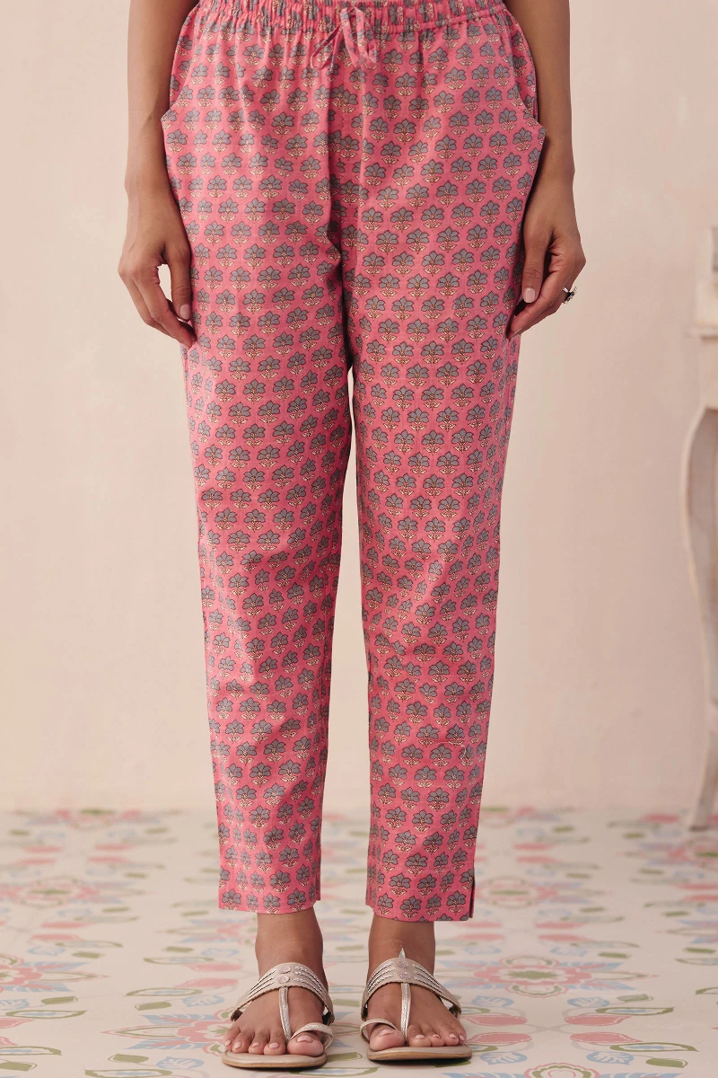 Pink Hand Printed Cotton Slub Narrow Pants
