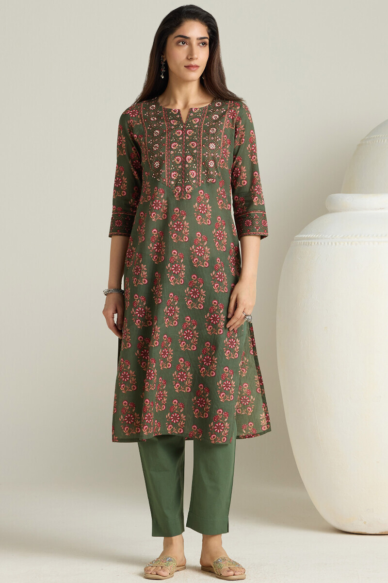 Green Hand Printed Straight Cotton Dobby Kurta